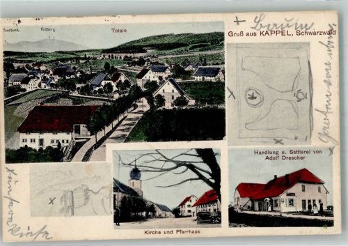 79853 W7825 Kappel , Hochschwarzw 1913 - Kirche Pfarrhaus Geschäft und Sattlerei Drescher Feldberg Seebruck