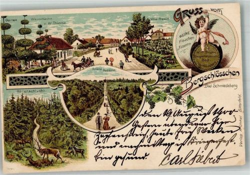 06905 O4603 Bad Schmiedeberg 1900 Lithographie Gasthaus Bergschlösschen Höllenschlucht Hirsche Putto Weinfaß