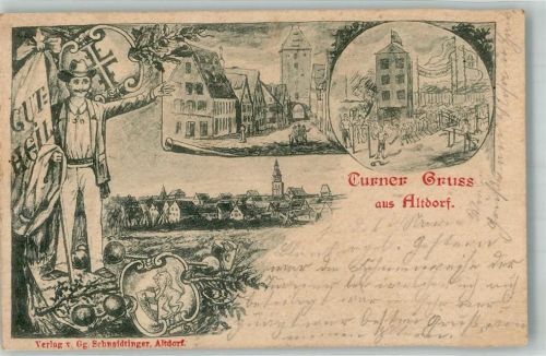 90518 W8503 Altdorf b. Nürnberg 1899 Gebrauchsspuren Turner-Gruss aus Altdorf Fahnenträger Wappen Stadttor Turner