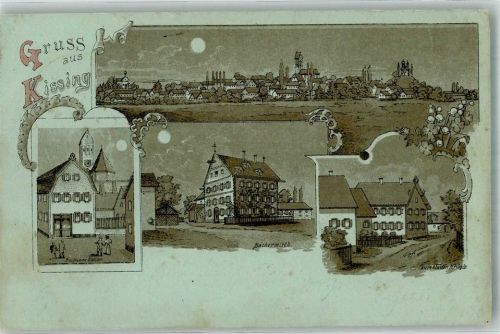 86438 W8901 Kissing 1898 Lithographie / Mondschein Gasthaus Bächerwirth Kaufmannshaus Zum blauen Krügle