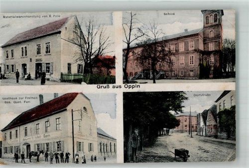 06188 O4101 Oppin b Halle, Saale - Materialwaren Pille Gasthaus zur Freiheit Schloss Dorfstrasse Bahnpost