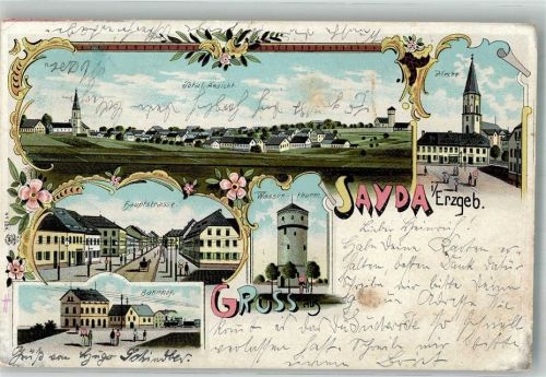 09619 O9215 Sayda 1901 Lithographie Hauptstrasse Bahnhof Wasserturm Kirche