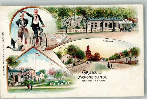 Schönerlinde Fahrradfahrer Ente Gasthaus Wichert Garten Dorfstrasse