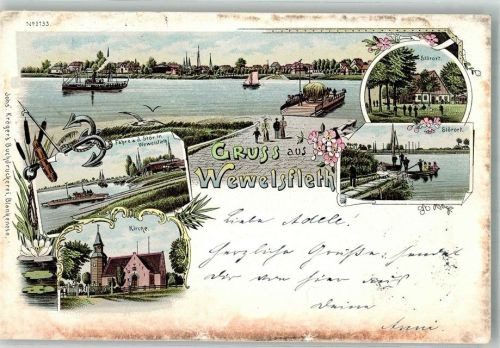 25599 W2211 Wewelsfleth 1898 Lithographie Fähre Dorfkirche Störort