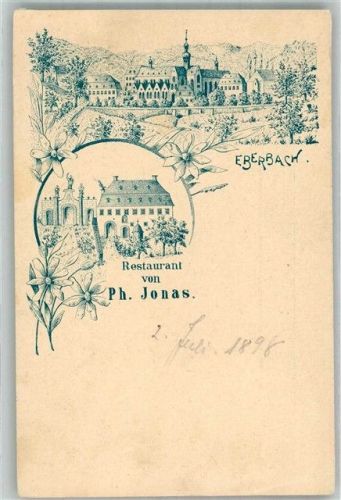 65343 W6228 Eberbach , Kloster 1898 Gebrauchsspuren Vorläufer Lithographie Gasthaus von Ph. Jonas