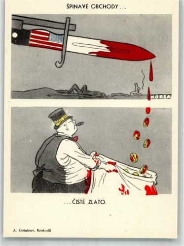 A. Golubiov, Krokodil Sowjetische Satirezeitschrift Karikatur Spinave Obschody Koreakrieg und seine Auswirkungen , Bajonett die USA aus dem Blut tropft