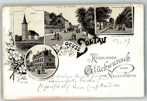 Soltau 1897 Vorläufer Lithographie Dorfkirche Post Kriegerdenkmal Markt Rathaus Unter den Linden Neujahreskarte Erh. II Stauchung