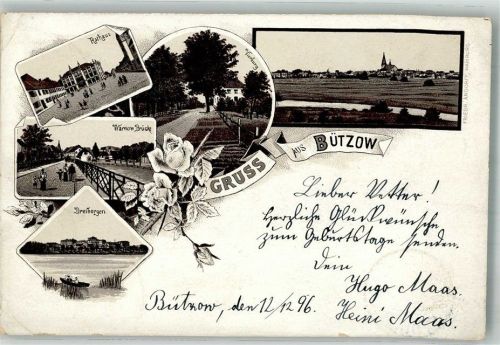 Bützow 1896 Vorläufer Lithographie Rathaus Dreibergen See Warnow Brücke Vierburg Erh. II. Stauchungen