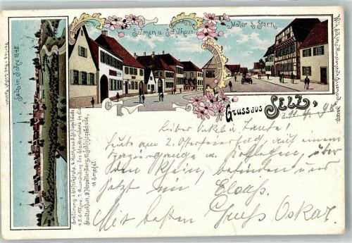 Seltz 1898 Gasthaus Salmen Schule Haus von Maler Stern Selz anno 1648