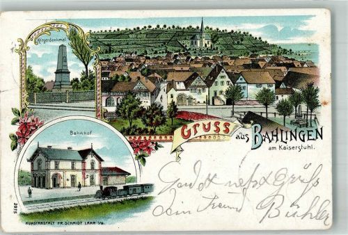 79353 W7836 Bahlingen , Kaiserstuhl 1903 Lithographie Bahnhof Kriegerdenkmal Bahnpost Riegel-Gottenheim Zug 19