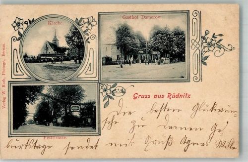 Rüdnitz 1902 Feststrasse Girlandenschmuck Gasthaus Damerow Kirche