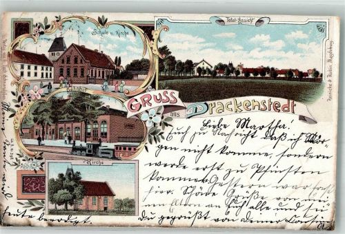 39365 O3221 Drackenstedt 1898 Lithographie Schule Kirche Bahnhof