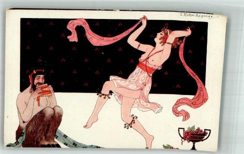 sign. J. Kuhn-Regnier Galantes Greques VII Erotik Tanz Panflöte Zentaur Teufel Art Deco Künstlerkarte