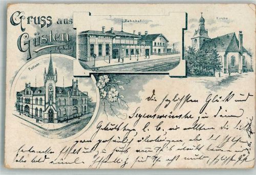 Güsten 1897 Vorläufer Lithographie Postamt Bahnhof Dorfkirche