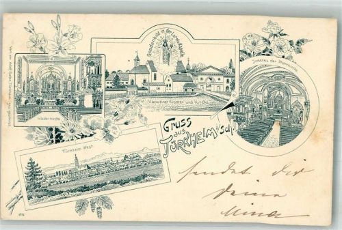 86842 W8939 Türkheim , Wertach 1898 Gebrauchsspuren Vorläufer Lithographie Klosterkirche Altaransicht d. Pfarrkirche Gnadenbild in Loretto-Kapelle