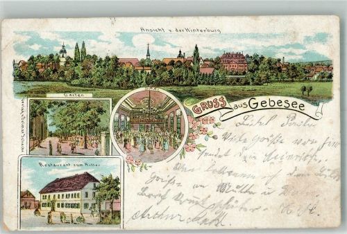 Gebesee 1904 Gasthaus zum Ritter Ballsaal Gartenwirtschaft Bahnpost Nordhausen-Erfurt Zug 508