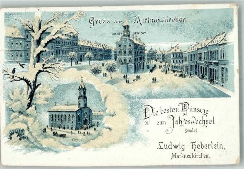 Markneukirchen Winterlithographie Amtsgericht Kirche Pferdeschlitten beschnitten Neujahreskarte