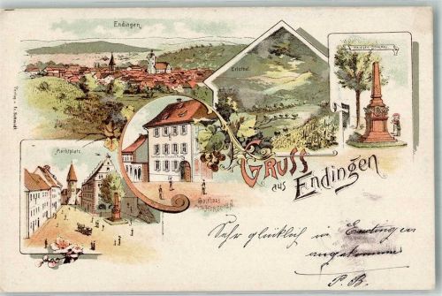 79346 W7833 Endingen am Kaiserstuhl Lithographie Gasthaus zum Hirschen Marktplatz Kriegerdenkmal Erletal