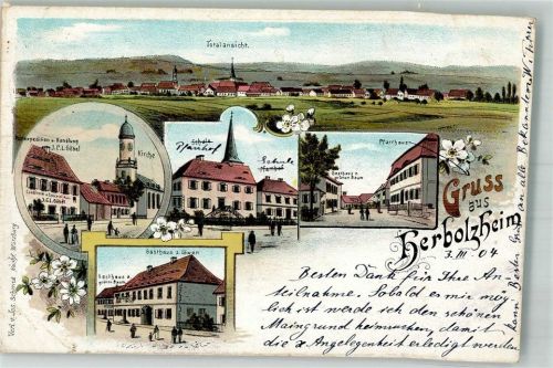 79336 W7834 Herbolzheim , Breisgau 1904 Lithographie Gasthaus zum Löwen Postexpedition Kirche Pfarrhof Schule Gasthaus zum grünen Baum