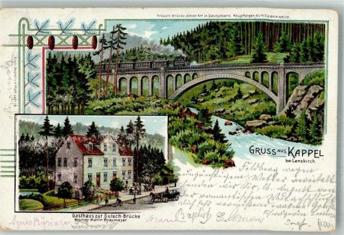 79853 W7825 Kappel , Hochschwarzw 1903 Lithographie Gasthaus zur Gutach-Brücke Grosse Brücke Bahnpost Freiburg-Donaueschingen Zug 1576
