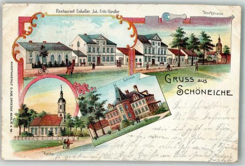 15566 O1254 Schöneiche b. Berlin 1901 Lithographie Gasthaus Eiskeller Schloss Dorfkirche Dorfstrasse