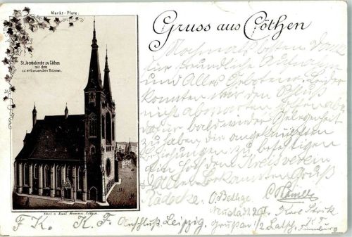 16259 O1311 Cöthen 1892 Gebrauchsspuren Vorläufer Lithographie St. Jacobskirche Marktplatz