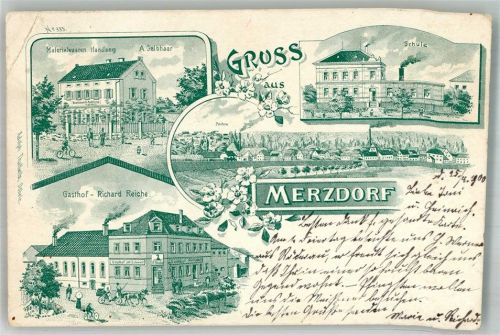 Merzdorf 1900 Vorläufer Lithographie Gasthaus Reiche Materialwaren Gelbhaar Schulhaus