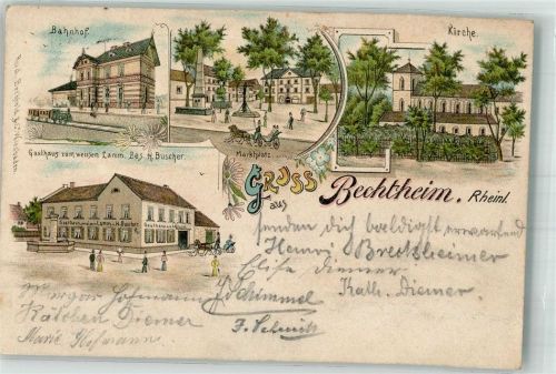 67595 W6521 Bechtheim , Rheinhess 1897 Lithographie Gasthaus zum weissen Lamm Bahnhof Marktplatz