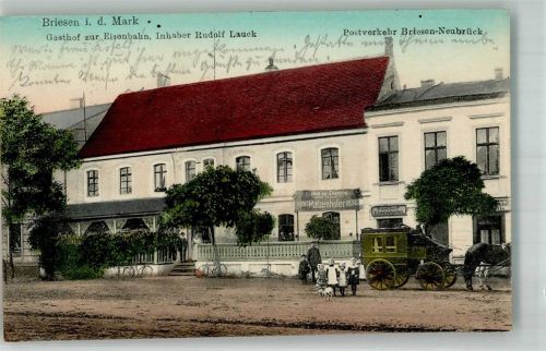 Briesen 1914 Gasthaus zur Eisenbahn Postkutsche Kinder Fahrräder Bahnpost Berlin-