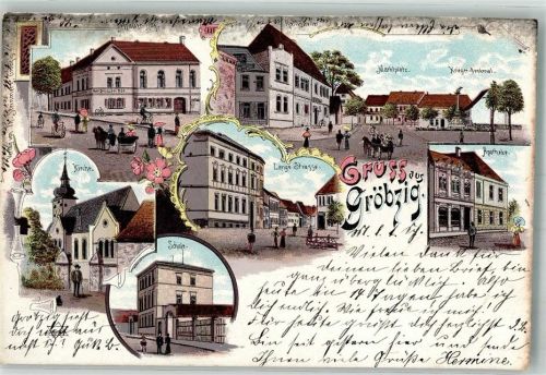 Gröbzig 1898 Marktplatz Kriegerdenkmal Apotheke Gasthaus Bessauer-Hof