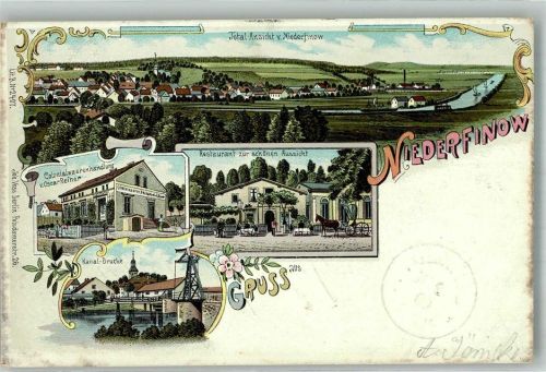 Niederfinow 1900 Kolonialwaren Reiner Gasthaus zur schönen Aussicht Kanal-Brücke Bahnpost Frankfurt (Oder)-Berlin Zug 442 Nachporto