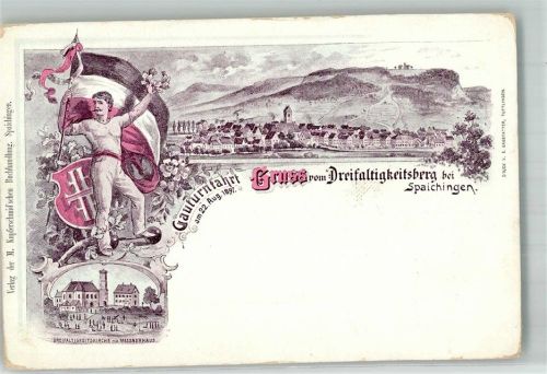 Spaichingen 1897 Gauturnfahrt 1897 Dreifaligkeitsberg Dreifaltigkeitskirche Messnerhaus Fahnenträger Abgestossene Ecken