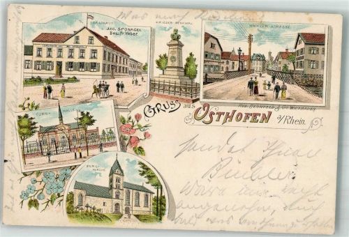 Osthofen 1898 Bergkirche Gasthaus Sponagel Kriegerdenkmal Mainzer Strasse Turnhalle Bahnpost Frankfurt-Mainz Zug 55