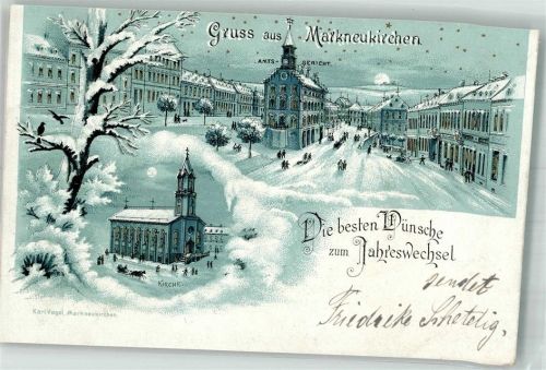 08258 O9659 Markneukirchen Lithographie / Mondschein Amtsgericht Kirche Pferdeschlitten Raben Winter Neujahreskarte