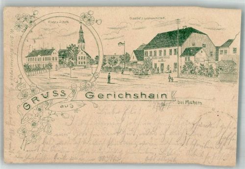 Gerichshain 1901 Vorläufer Lithographie Kirche Schule Gasthaus zum goldenen Hirsch beschnitten