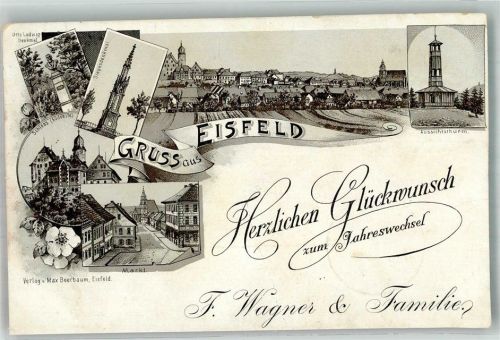 98673 O6120 Eisfeld 1896 Gebrauchsspuren Vorläufer Lithographie Siegesdenkmal Markt Schloss Otto Ludwig-Denkmal Aussichtsturm Neujahreskarte