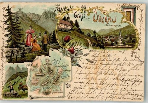 Oberau 1898 Oberau Kirche Rinderweide Rinderhirt Alpspitze Zugspitze Landkarte Verlag Ottmar Zieher-München