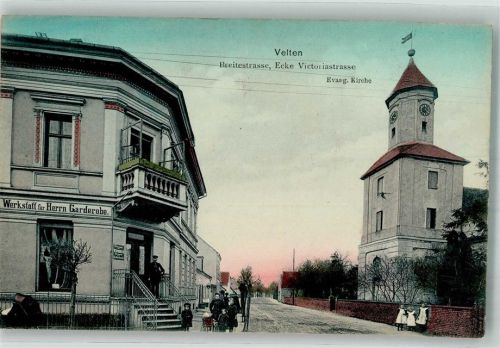 Velten 1909 Breitestrasse Ecke Victoriastrasse Herrenschneider Ev. Kirche Kinder Kinderwagen Bahnpost Berlin-