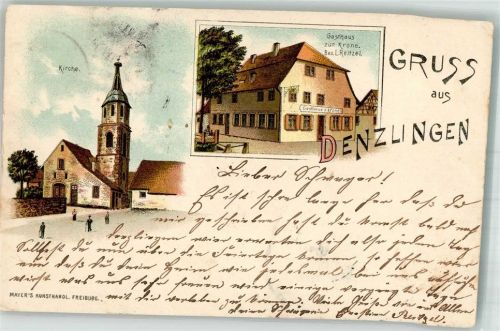 79211 W7819 Denzlingen 1899 Lithographie Gasthaus zur Krone Dorfkirche