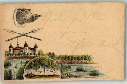 Moritzburg Vorläufer Lithographie Eberkopf Moritzburg See Speer Wildfütterung Ort handschriftlich