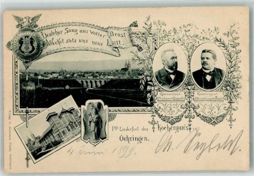 Öhringen 1899 1. Liederfest des Kochergaues Wappen Gauvorstand Prof. Goppelt Gaudirigent Fladt