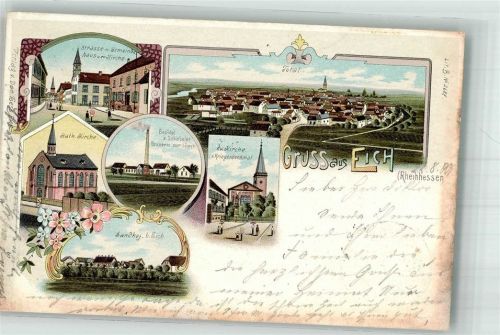 Eich 1901 Gemeindehaus Kirche Bahnhof Brauerei zum Löwen Kriegerdenkmal Bahnpost Osthofen-Güntersblum Zug 492l