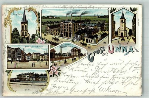 Unna 1901 Ev. Kirche Marktplatz Bahnhof Lindenbrauerei Kath. Kirche Bahnpost Letmathe-Unna Zug 1339