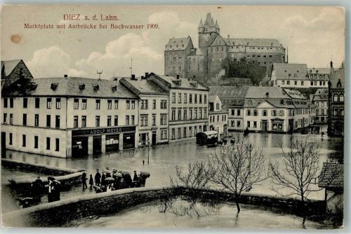 Diez 1909 Hochwasserkatastrophe Diez 1909 Marktplatz Aarbrücke Schloss