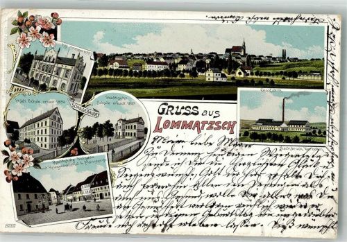 01623 O8260 Lommatzsch 1900 Lithographie Kgl. Amtsgericht Marktplatz Glasfabrik Städt. Schule