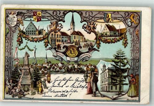 Thannhausen 1901 Lithographie-Künstlerkarte Denkmal Rentamt Kirche Pfarrhof Rathaus Wappen Engel signiert