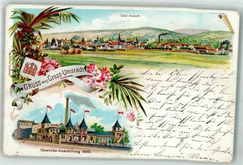 64823 W6114 Groß-Umstadt 1898 Lithographie Gewerbeausstellung 1899 Wappen
