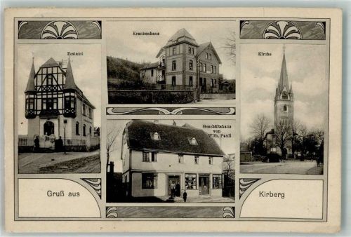 65597 W6257 Kirberg , Kr Limburg a d Lahn 1913 Passepartout Post KrankenhausGeschäft von Wilh. Pauli Dorfkirche