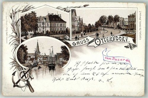 Otterndorf 1897 Lithographie Anker Ruderrad Hafen Segelschiff Dorfstrasse