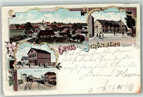 24217 W2306 Schönberg Holstein 1898 Lithographie Ackerbauschule Bahnhof Hotel Stadt Hamburg Bahnpost Kiel- Zug 3